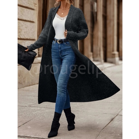 Charcoal Grey Duster Shawl Cardigan Knit Long Open Long Sleeve - Picture 3 of 9